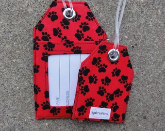 Black Paw Print Fabric Luggage Tags, Paw Pring Fabric Badge Protector Holder ID Name Identification Bag and Gift Tags