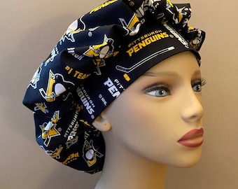 Bouffant Scrub made from Pittsburgh Penguins NHL Fabric, Penguins Badge Reel, Pitt Penguins Bouffant Surgical Scrub Cap or Food Worker Hat