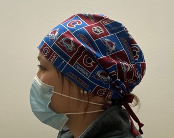 Scrub Hat made from NHL Colorado Avalanche Fabric, Colorado Scrub Hat, NHL Avalanche Badge Reel, One Size Fits All Adjustable Tie in Back