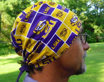 Louisiana State University Scrub Hat, LSU Fabric Surgical Scrub Cap, LSU Tigers Purple and Gold Surgical Scrub Hat Ties in Back Adjustable