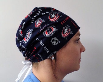Columbus Blue Jackets Scrub Hat, NHL Blue Jackets Fabric, Surgical Scrub Hat Navy and White One Size Fits All Adjustable Tie in Back