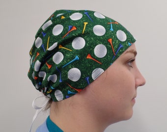 Monogrammed Golf Balls Fabric Surgical Scrub,Golfing Fabric Scrub Hat Cap, Golf Tees Fabric One size adjustable ties in back Surgical Hat