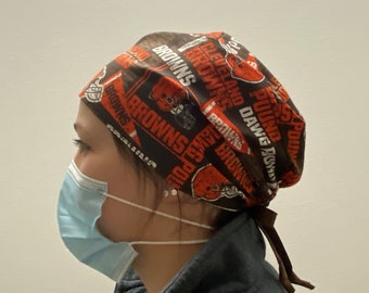 Cleveland Browns Fabric, Browns Scrub Hat, NFL Cleveland Browns Football Surgical Cap One Size Fits All Adjustable Tie in Back