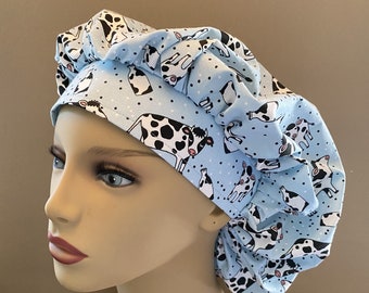 Monogammed Black Cow Fabric Bouffant Cap, Cow Skin fabric Bouffant Scrub Head, Cow Bouffant Scrub Cap Food Worker Hat Bouffant