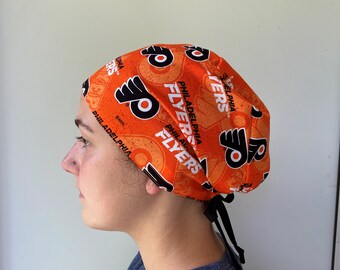 Scrub Hat made from NHL Philadelphia Flyers Fabric, Philadelphia Scrub Hat, Philly Flyers Hockey One Size Fits All Adjustable Tie in Back