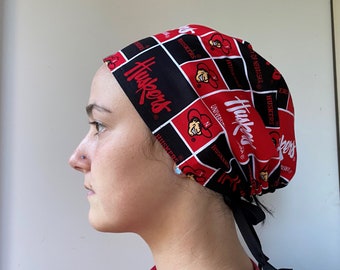 Surgical Scrub hat made with University Nebraska Huskers Fabric, NE Huskers unisex One Size Fits All Adjustable Tie in Back