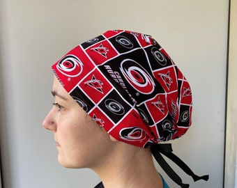Scrub Hat made from NHL Carolina Hurricanes Fabric Hurricanes Scrub Hat, Carolina Hurricanes Hockey One Size Fits All Adjustable Tie in Back