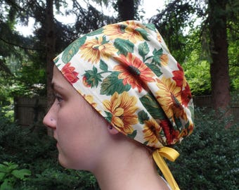 Monogrammed Sunflower Power Fabric Floral Surgical Scrub Cap,Sunflower Surgical Mask, Sunflowers Adjustable Ties in Back One Size Fits All
