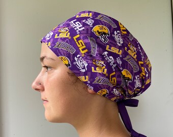 Louisiana State University Scrub Hat, LSU Fabric Surgical Scrub Cap, LSU Tigers Purple and Gold Surgical Scrub Hat Ties in Back Adjustable