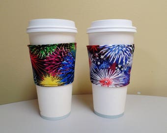Fireworks Coffee Cozy,Fireworks Custom Coffee Sleeve,Fireworks Cozy,July 4 Cozy,Coffee Cup Holder,fabric Mug Cozy