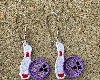 Embroidered Bowling Earrings, Bowling Earrings, Machine Embroidered Bowling Earrings, Bowling Gift