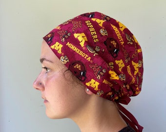 Surgical Scrub Hat made from Minnesota Gophers Burgundy and Gold Tone on Tone Fabric, MN Gophers One Size Adjustable Tie in Back