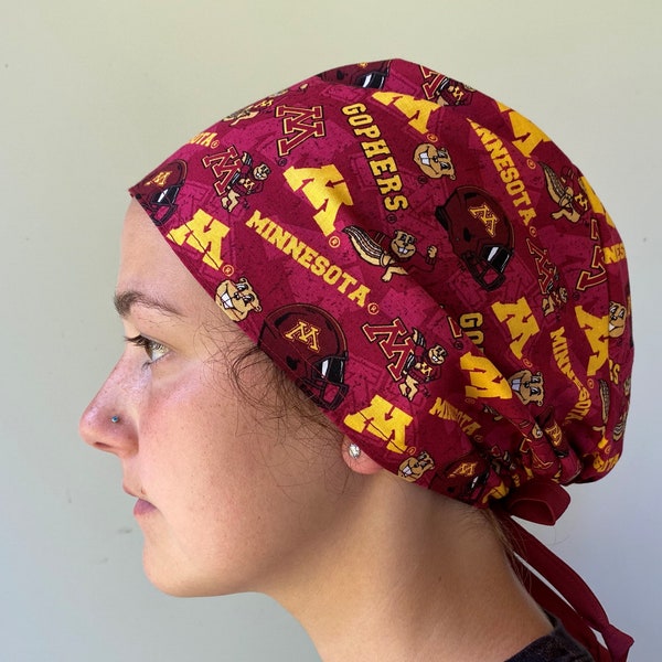 Surgical Scrub Hat made from Minnesota Gophers Burgundy and Gold Tone on Tone Fabric, MN Gophers One Size Adjustable Tie in Back