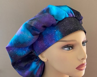Monogrammed Star Gazer Bouffant Scrub Head, Night Sky Fabric Bouffant Hat, Star Gazer Twilight Stars Surgical Scrub Cap or Food Worker Hat