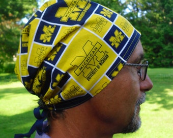 Scrub Hat made from University of MIchigan Wolverines Fabric Surgical Scrub Cap MIchigan Wolverines One Size Fits All Adjustable Ties Back