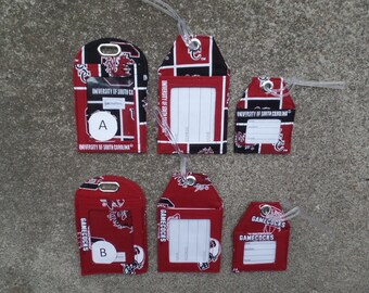 USC Gamecocks Luggage Tags made from University South Carolina USC Gamecocks Red and Black Fabric Name Identification Bag and Gift Tags