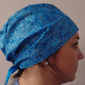 Turquoise Surgical Cap, Teal and Gold Scrub Head, Turquoise Chapstick keychain, Teal Blue Badge Reel, Scrub Cap Adjustable Ties in Back