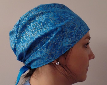 Turquoise Surgical Cap, Teal and Gold Scrub Head, Turquoise Chapstick keychain, Teal Blue Badge Reel, Scrub Cap Adjustable Ties in Back
