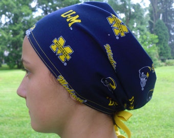 Michigan Wolverines Scrub Hat made with University of MIchigan Wolverines Fabric Surgical Scrub Cap One Size Fits All Adjustable Ties back