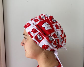 Scrub Hat made from University of Wisconsin, Badgers Badge Reel, Wisconsin Badgers One Size Fits All Adjustable Tie in back Cap