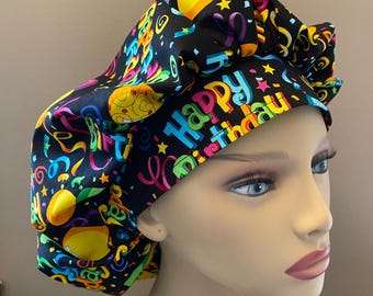 Monogrammed Happy Birthday Fabric Bouffant Scrub Head,Birthday Fabric, Monogrammed Birthday Bouffant, Surgical Scrub Cap, Food Worker Hat