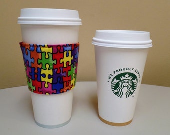 Puzzle Pieces Coffee Cozy,Autism Puzzle Pieces Cozy,Coffee Cozy,Custom Coffee Cup Sleeve,Coffee Cup Holder,fabric coffee holder, iced coffee