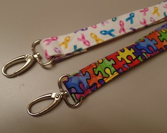 Pink Ribbons Lanyard, Puzzle Pieces Fabric Lanyards, Cancer Ribbons Fabric Lanyard, Badge Protector Holder Identification or Bag Tags