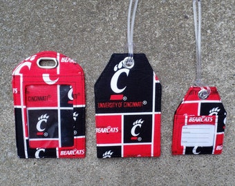 University of Cincinnati Bearcats Luggage Tags, Bear Cats Fabric,Cincinnati Coffee Cozy, Soda Can cozy from Cinncinnati Bearcats Fabric Gift