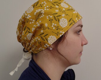 Monogrammed Mustard and White Flowers Scrub Hat, Mustard Seeds Fabric Surgical Scrub Cap Adjustable Ties in Back One Size Fits All