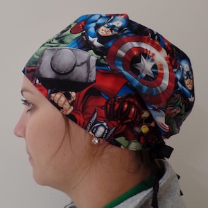 Monogrammed Scrub Hat made with Avengers Fabric,Captain America, Hulk, Iron Man, Thor and Black Panther, One Size Adjustable Ties Back