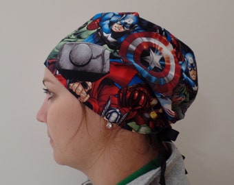 Monogrammed Scrub Hat made with Avengers Fabric,Captain America, Hulk, Iron Man, Thor and Black Panther, One Size Adjustable Ties Back