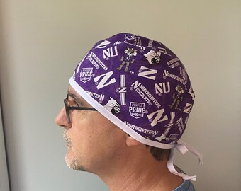 Monogrammed Surgeon Style Scrub Hat made from Northwestern University Fabric, Northwestern Wildcats Badge Reel, Northwestern Luggage Tags