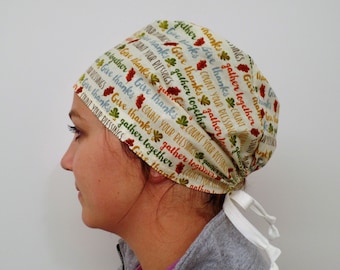 Thanksgiving Fabric Gather Together Give Thanks Count your Blessings Unisex Surgical Scrub Hat Background Adjustable Tie in Back