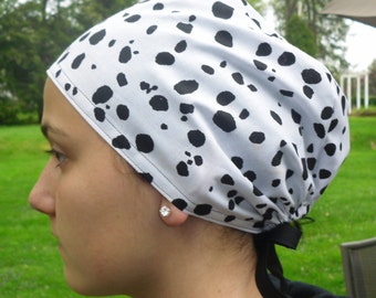Dalmatian Scrub Hat, Dalmatian Badge Reel,Animal Spots Scrub Cap, Black White One Size Fits All Adjustable Surgical Scrub Ties in Back