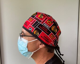 Surgeon Scrub Hat made from NHL Chicago Blackhawks Fabric, Chicago Blackhawks Badge Reel, Blackhawks Scrubs, One Size Fits All Tie in Back