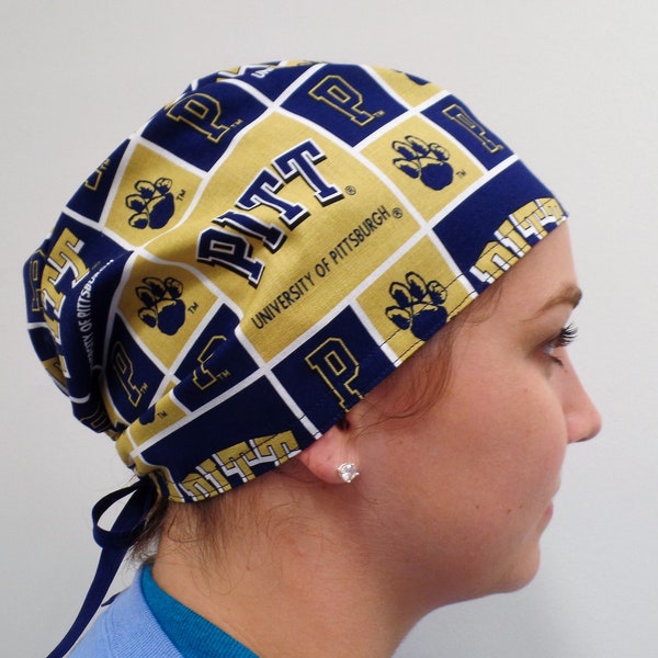 Scrub cap made with University Pittsburgh Panthers fabric, Surgical Scrub Cap, Fabric features Tie in back style Cap One Size Fits All