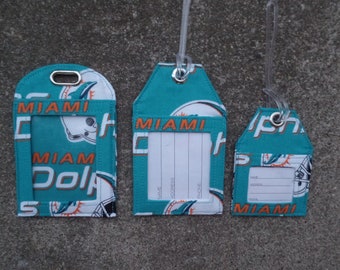 Miami Dolphins Luggage Tags made from Miami Dolphins Fabric, NFL Football Luggage Tags Fabric Miami Dolhins Luggage Bag and Gift Tags