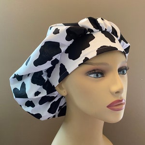 Monogammed Black Cow Fabric Bouffant Cap, Cow Skin fabric Bouffant Scrub Head, Cow Bouffant Scrub Cap Food Worker Hat Bouffant