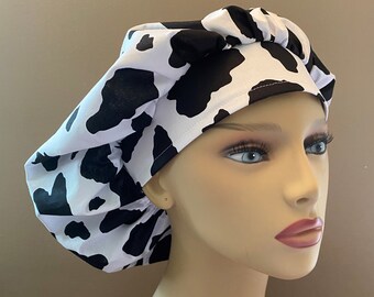 Monogammed Black Cow Fabric Bouffant Cap, Cow Skin fabric Bouffant Scrub Head, Cow Bouffant Scrub Cap Food Worker Hat Bouffant