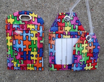 Autism Puzzle Fabric Work Badge Holder Protector Luggage Identification Small Large Bag Tags to Mark your Gear.
