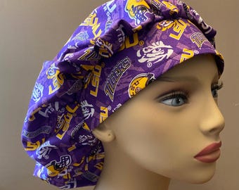 LSU Tigers Bouffant, Scrub Head Hat made from LSU Louisiana Tigers Fabric Surgical Scrub Cap or Monogrammed LSU Food Worker Hat