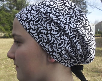 Monogrammed Gothic Black and White Fabric Surgical Scrub Cap Adjustable Ties in Back One Size Fits All