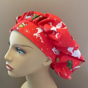 Christmas Bouffant Scrub Head, Red Christmas Fabric Bouffant Scrub Cap, Christmas Surgical Scrub Cap or Food Worker Hat