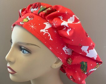 Christmas Bouffant Scrub Head, Red Christmas Fabric Bouffant Scrub Cap, Christmas Surgical Scrub Cap or Food Worker Hat