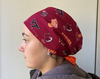 Scrub Hat made from Virginia Technical University College Burgundy Orange Hokie Bird Surgical Scrub Cap One Size Fits All Ties in back