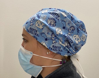 Scrub Cap made with University of North Carolina Fabric, UNC Tarheels Fabric Coffee or Soda Can Cozy, Surgical Hat in Carolina Blue