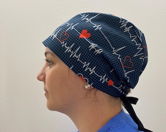 Monogrammed EKG,Cardiac Care Scrub Hat,Red Heart Surgeon Heart Monitor Fabric Scrub Hat,One Size Fits Surgical Scrub Cap Adjustable Ties