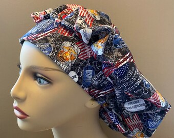 Monogrammed Marines Bouffant Scrub Hat made from USMC Fabric, United States Marines Fabric Bouffant, Monogrammed USMC Surgical Scrub cap