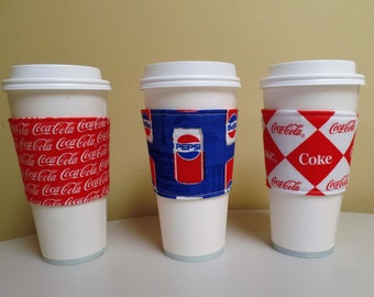 Coke and Pepsi fabric Coffee Cozy,Coca Cola Cozy, Pepsi Cola Custom Coffee Cup Sleeve,Coffee Cup Holder, iced coffee cozy