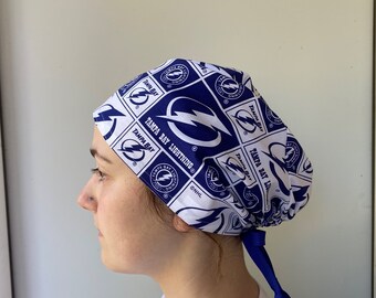 Tampa bay Lightning Scrub Hat, NHL Tampa Bay Fabric, Surgical Scrub Hat Navy and white One Size Fits All Adjustable Tie in Back